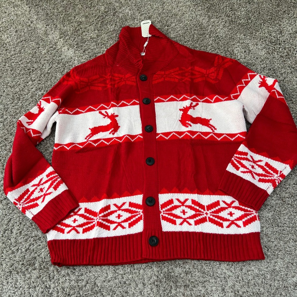 Coofandy Mens Christmas Cardigan Sweater Red White Reindeer Fair Isle XL NWT